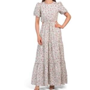WAYF Women Plaza Cutout Tiered Floral Maxi Dress Large Cream Floral Cottagecore